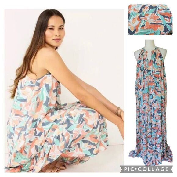 Nine West Tiered Pleasant Floral Maxi Dress Green Orange Blue Gray Size XL - Picture 1 of 10